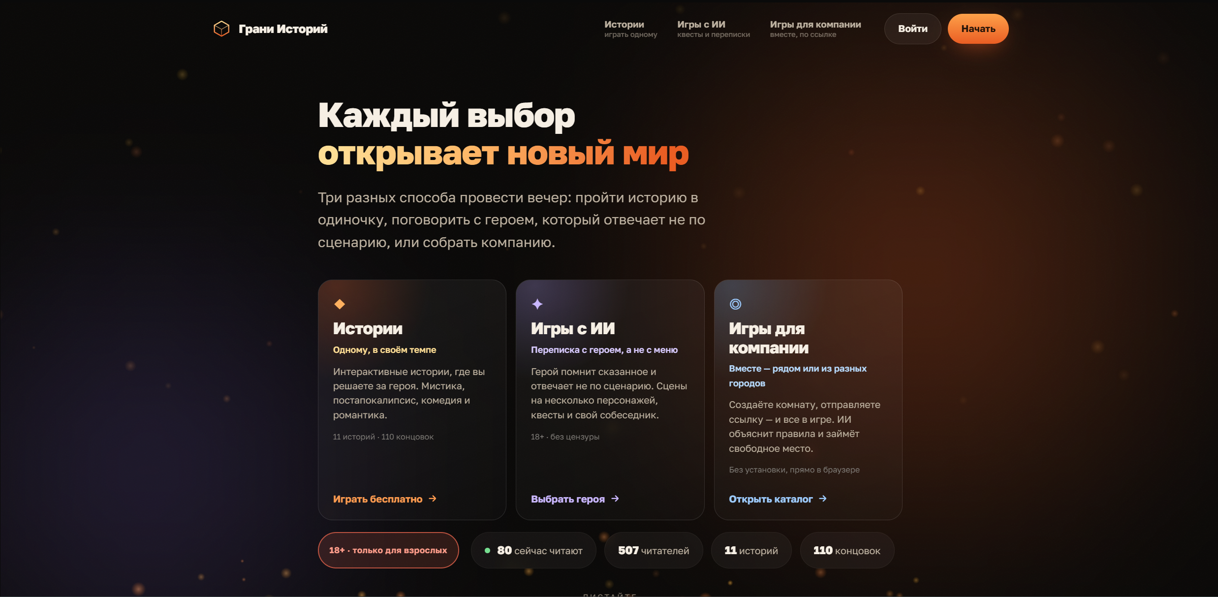 Скриншот — Грани Историй — портал интерактивных историй, визуальных новелл и атмосферных сюжетов с выбором и разными концовками.