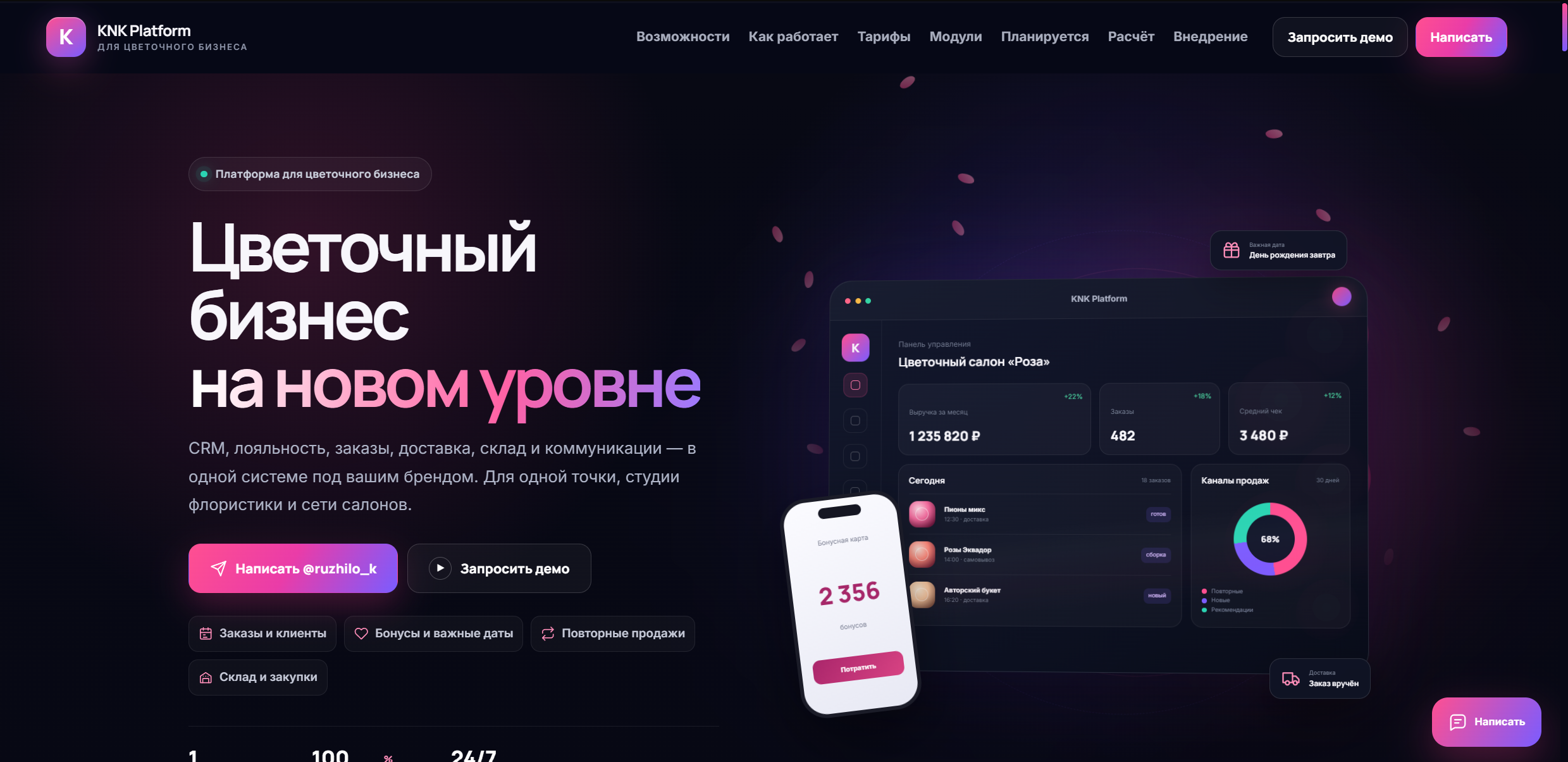 Скриншот — KNK Platform — модульная платформа для бизнеса: CRM, лояльность, рассылки, склад и отдельные решения под разные ниши.